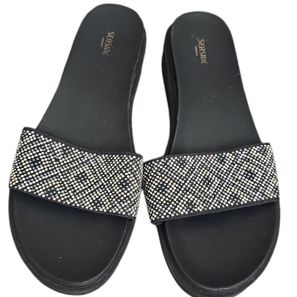 Seaside Sparkle Slide Sandals Black Platform Rhinestone Strap Summer  Women's 10